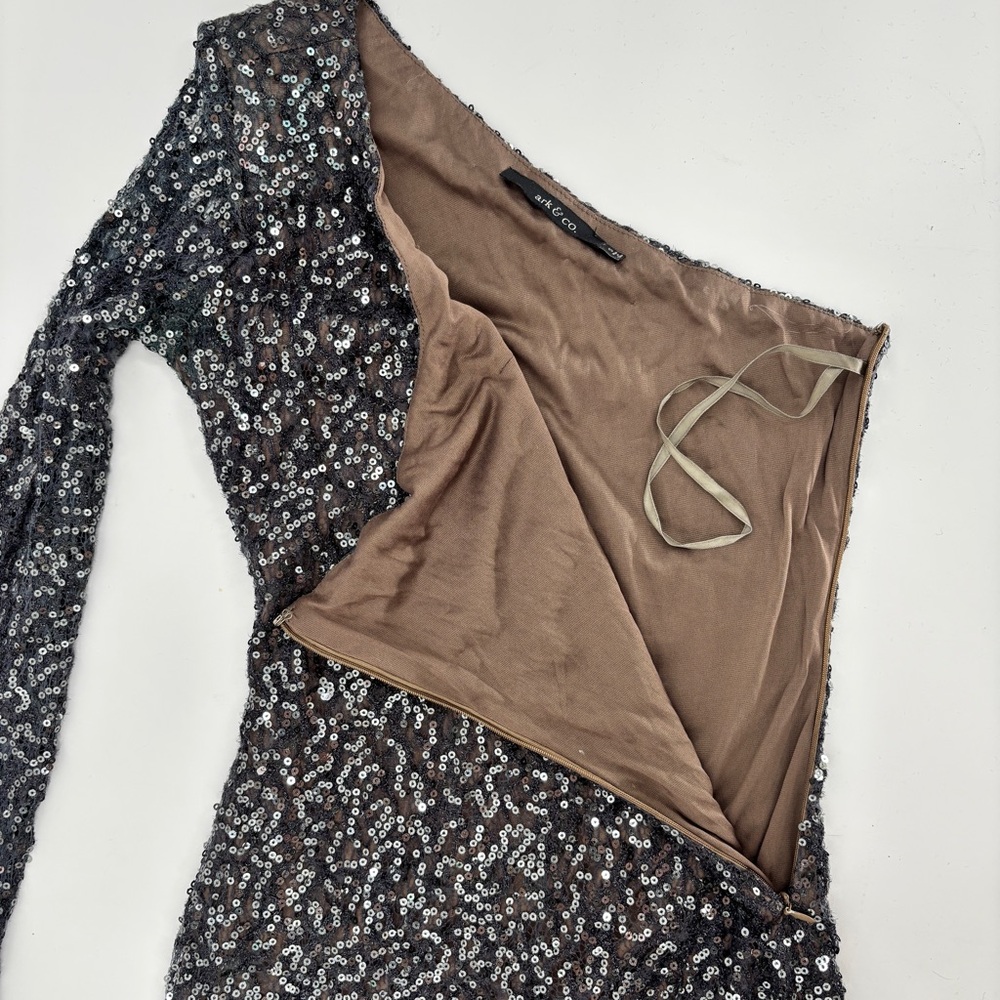 Ark & Co Sequin Mini Dress S One Sleeve Bodycon Glam Old Hollywood Luxe Vegas - Picture 7 of 14